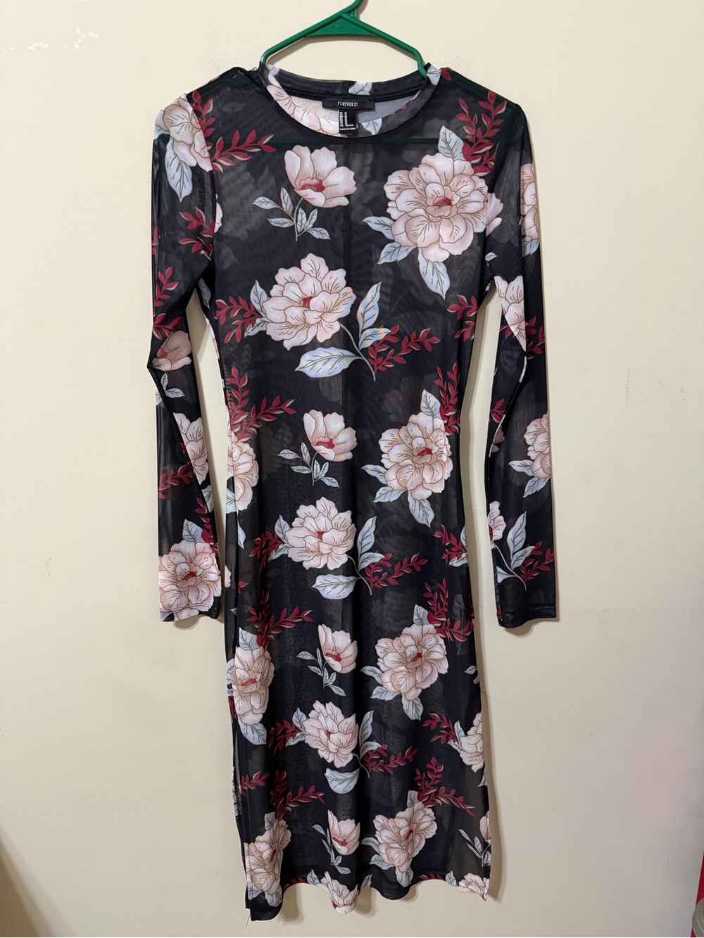 Forever 21 medium Floral Mesh Long Sleeve Dress Black festival grunge boho party